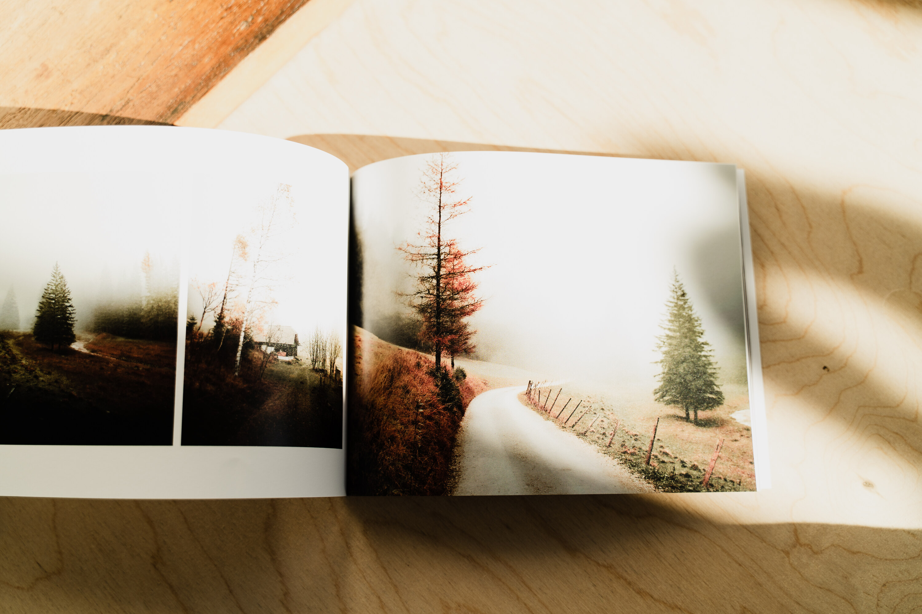 An open Minnti photo book arranged on pale birch wood.